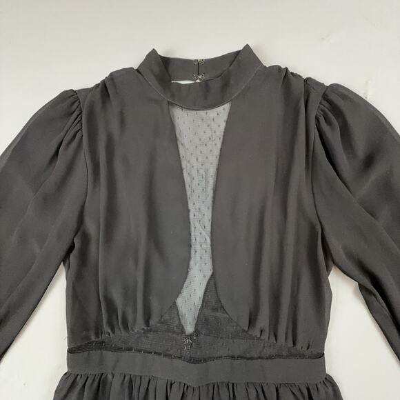 Express Chiffon Mesh Inset Mini Dress Black 0 Long Sleeve High Neck Goth Romance - Picture 3 of 9